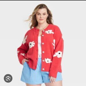 Universal Thread Red and White Floral Cardigan